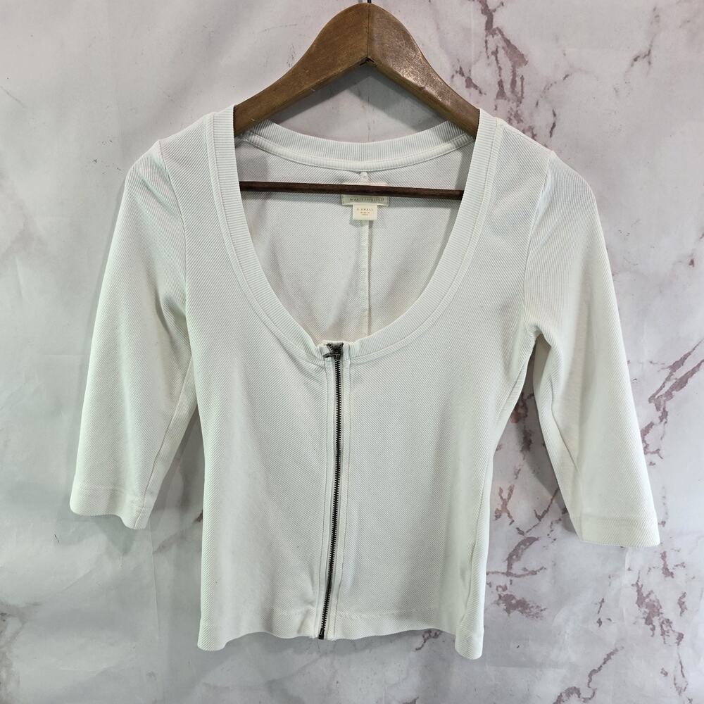 Anthropologie T Shirt Womens XS White Zip Ribbed Rib Maeve Crop Scoop Elbow Tee